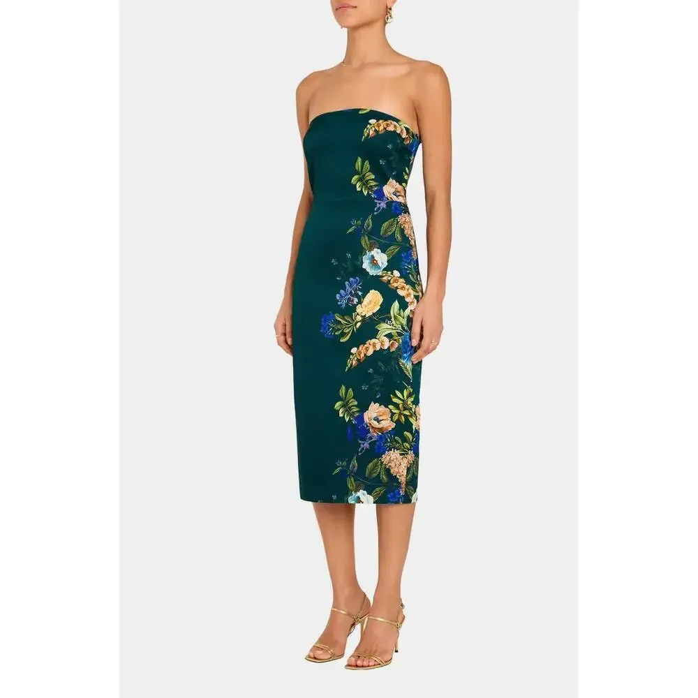 Amanda Uprichard Strapless Forest Green Midi Dress with Floral Print